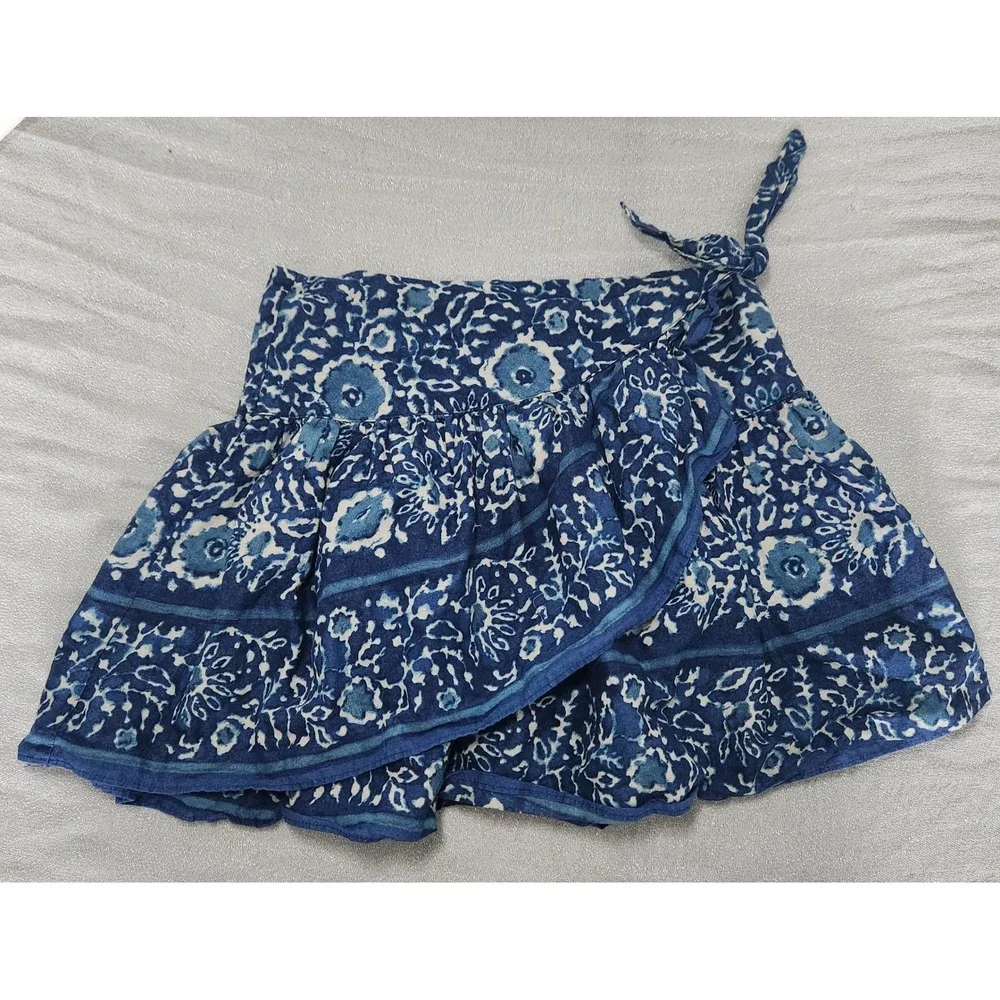 90s 00s Ralph‎ Lauren Girls Blue White Floral Linen Blend Wrap Ruffle Skirt 7